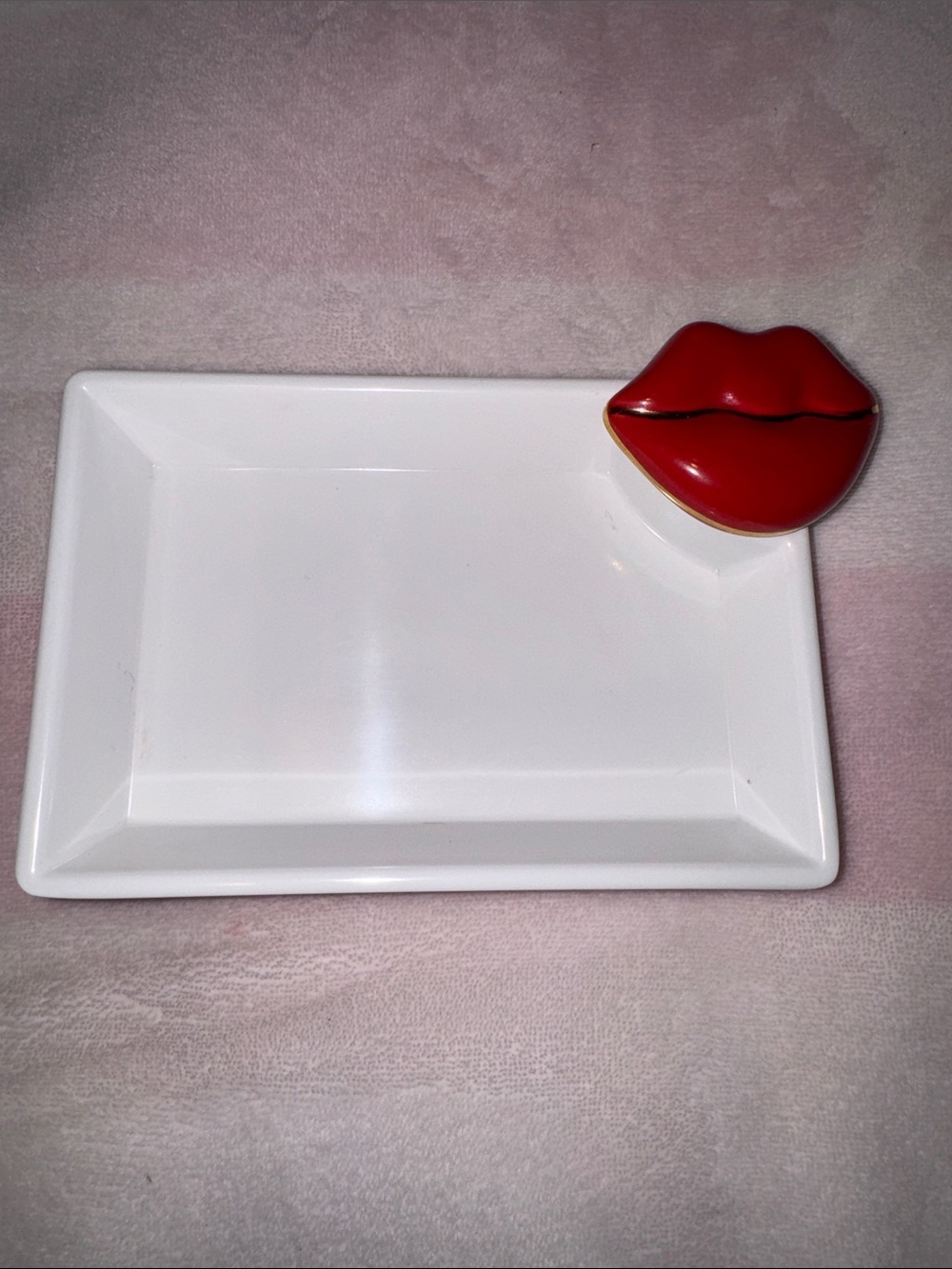 Nora fleming White Ceramic Rectangle Tray with Red Lip Dish Accent